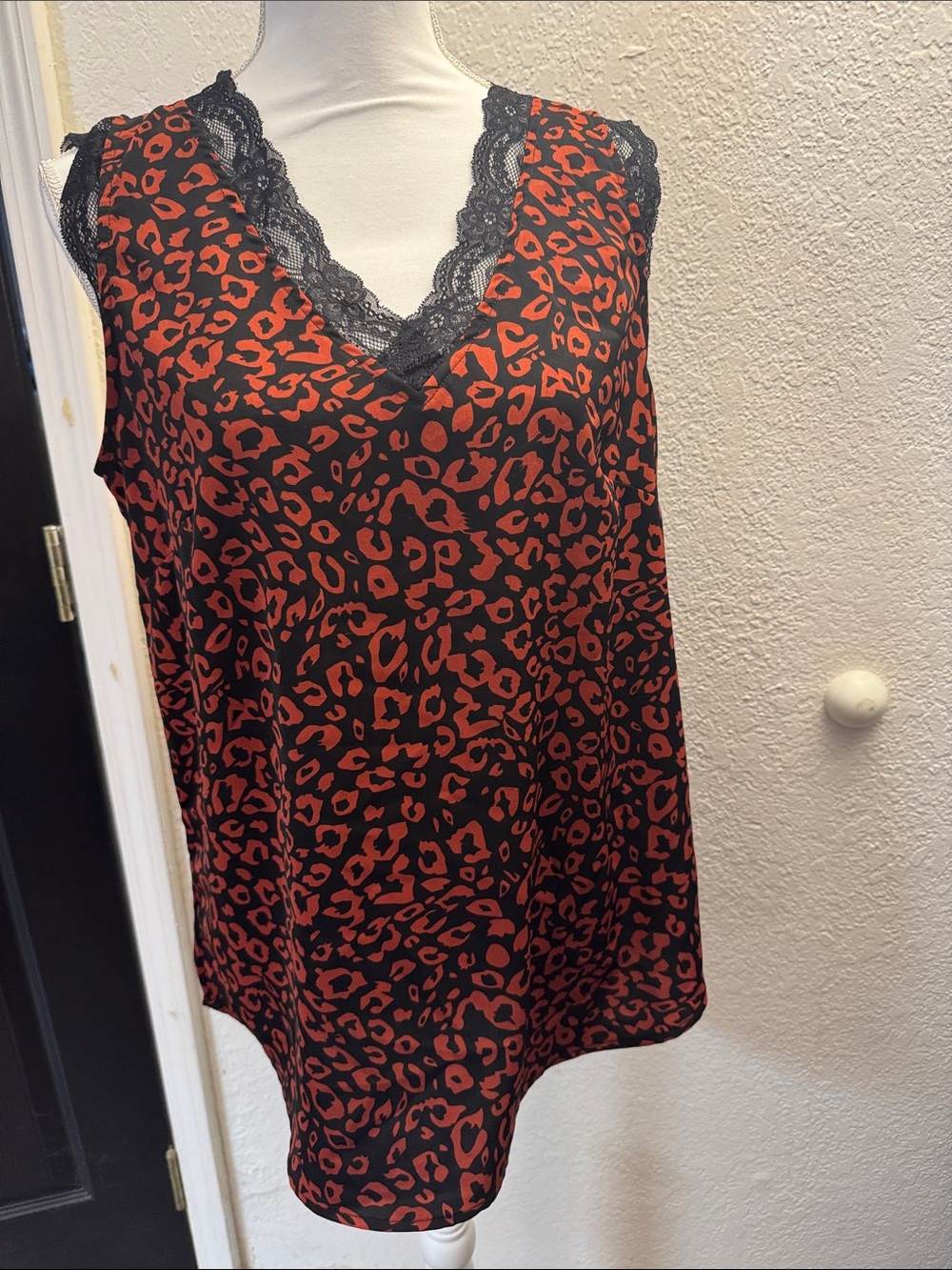 Wish Black Lace Trim Tank with Burnt Orange Animal Print